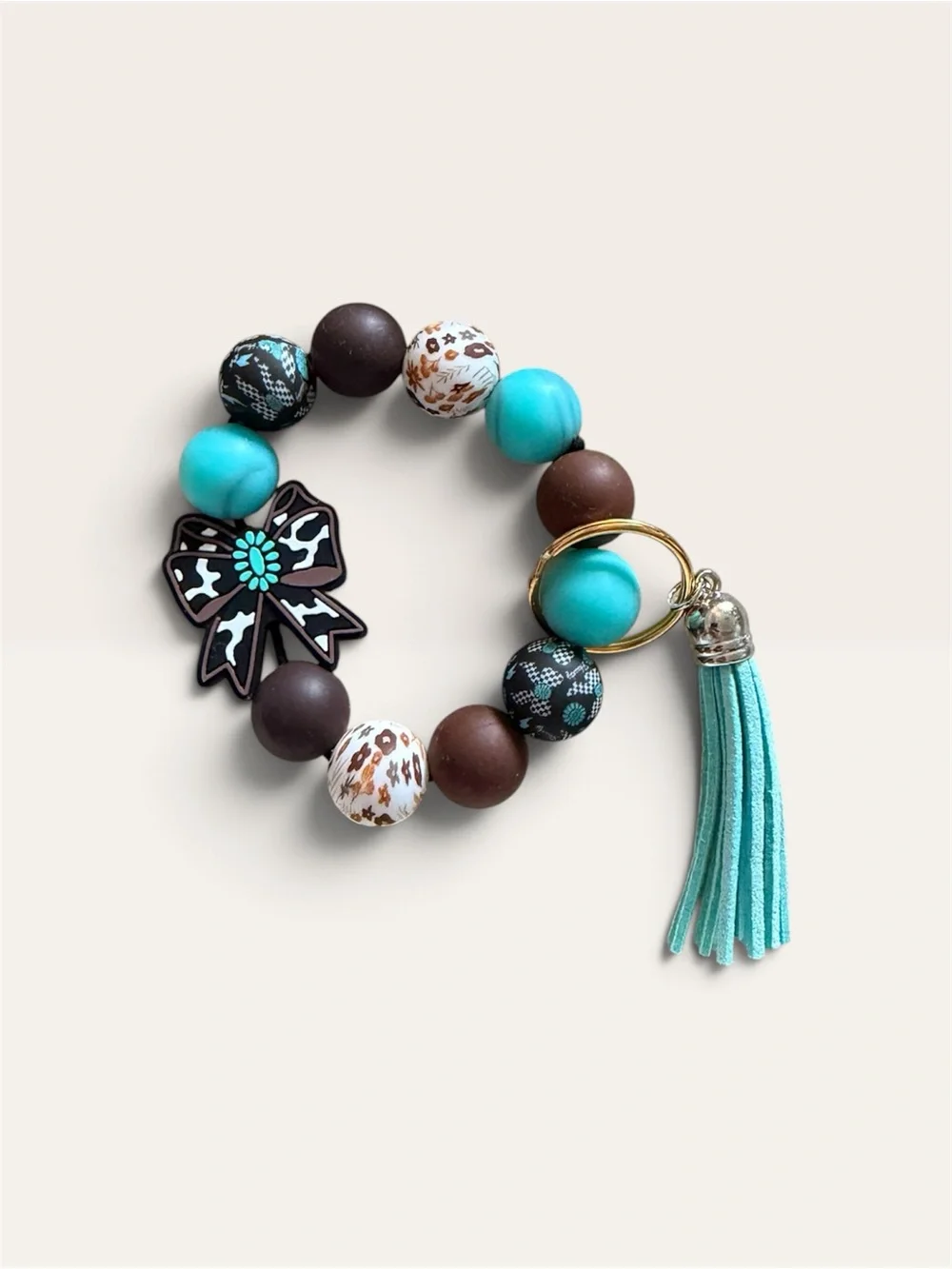 Turquoise Brown Beaded Bow Bracelet with Tassel